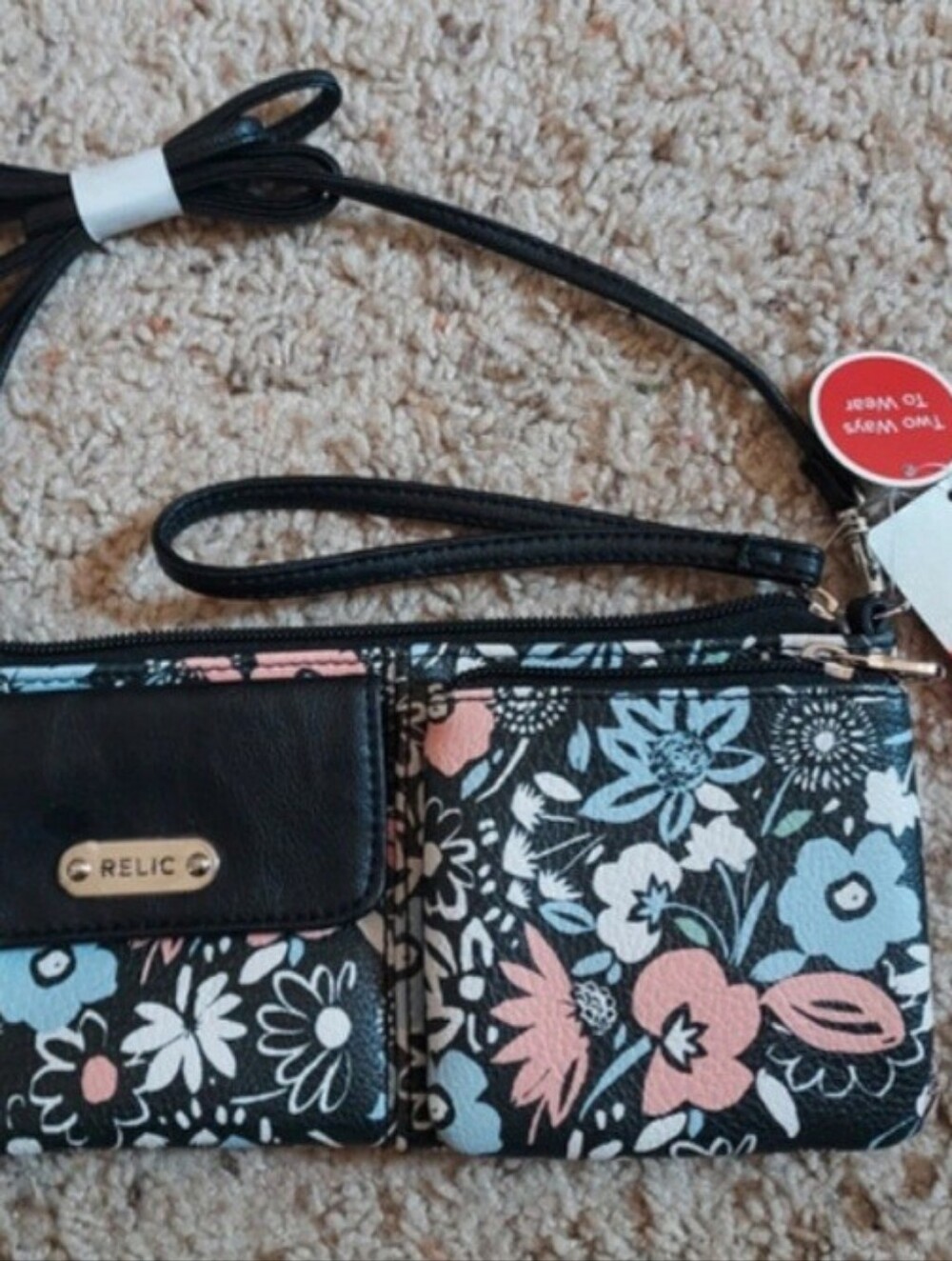 Brand New Relic By Fossil Black Floral Crossbody Wristlet/Small Purse